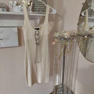 Say What? Cream Ribbed Lace-Up Tank Dress